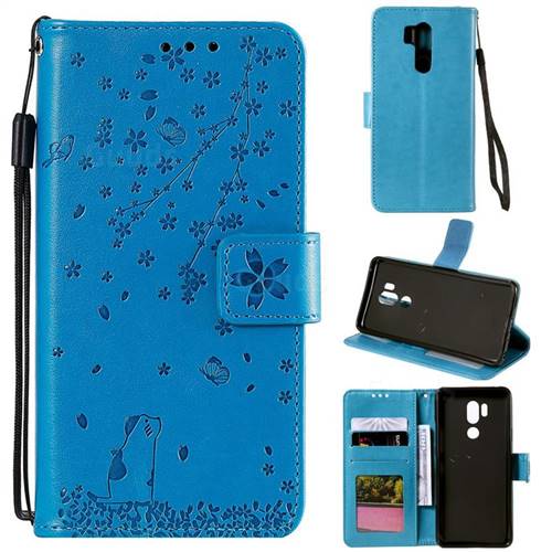 Embossing Cherry Blossom Cat Leather Wallet Case for LG G7 ThinQ - Blue