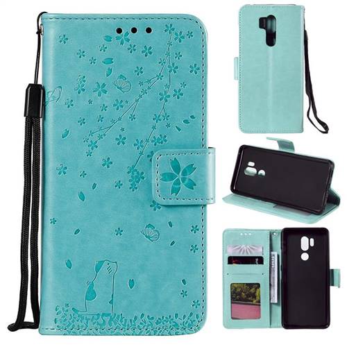 Embossing Cherry Blossom Cat Leather Wallet Case for LG G7 ThinQ - Green