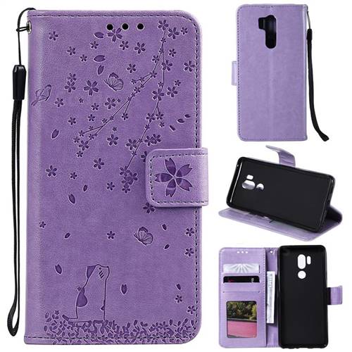Embossing Cherry Blossom Cat Leather Wallet Case for LG G7 ThinQ - Purple