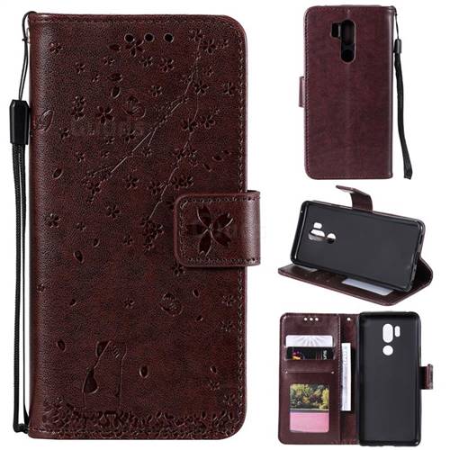 Embossing Cherry Blossom Cat Leather Wallet Case for LG G7 ThinQ - Brown
