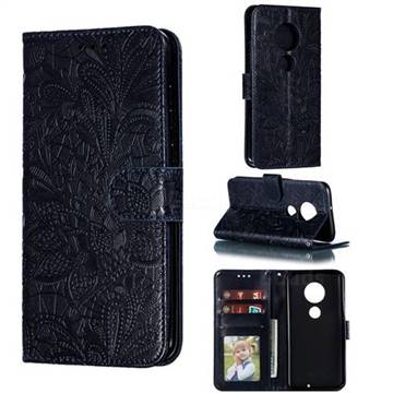 Intricate Embossing Lace Jasmine Flower Leather Wallet Case for LG G7 ThinQ - Dark Blue