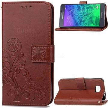 Embossing Imprint Four-Leaf Clover Leather Wallet Case for Samsung Galaxy Alpha G850 - Brown