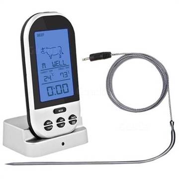 Household BBQ Wireless Digital Thermometer Oven And Grill Meat Cooking Remote Kitchen Thermometer And Timer With Long Probe - Silver