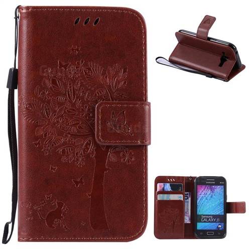 Embossing Butterfly Tree Leather Wallet Case for Samsung Galaxy J1 J100 - Brown