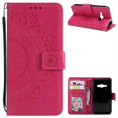 Intricate Embossing Datura Leather Wallet Case for Samsung Galaxy J1 2016 J120 - Rose Red