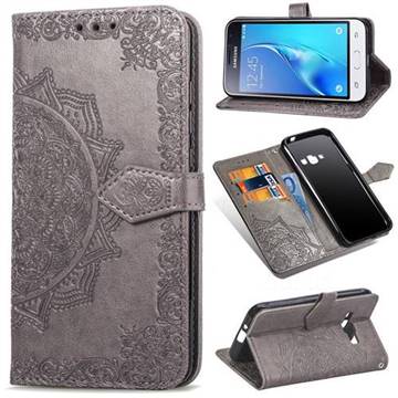Embossing Imprint Mandala Flower Leather Wallet Case for Samsung Galaxy J1 2016 J120 - Gray
