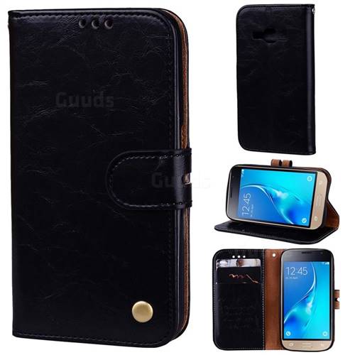 Luxury Retro Oil Wax PU Leather Wallet Phone Case for Samsung Galaxy J1 2016 J120 - Deep Black