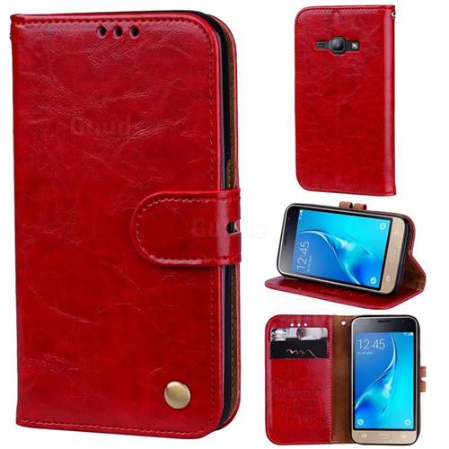 Luxury Retro Oil Wax PU Leather Wallet Phone Case for Samsung Galaxy J1 2016 J120 - Brown Red