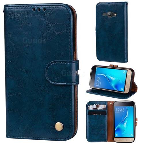 Luxury Retro Oil Wax PU Leather Wallet Phone Case for Samsung Galaxy J1 2016 J120 - Sapphire