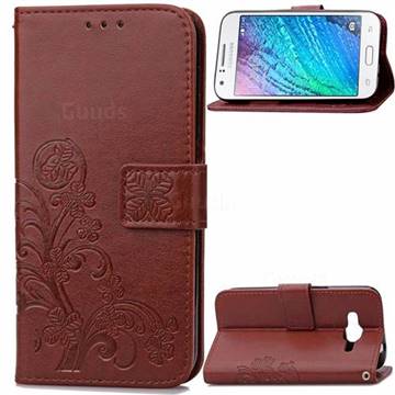 Embossing Imprint Four-Leaf Clover Leather Wallet Case for Samsung Galaxy J1 Ace J110 - Brown