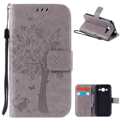 Embossing Butterfly Tree Leather Wallet Case for Samsung Galaxy J2 J200 - Grey