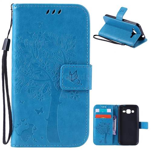 Embossing Butterfly Tree Leather Wallet Case for Samsung Galaxy J2 J200 - Blue
