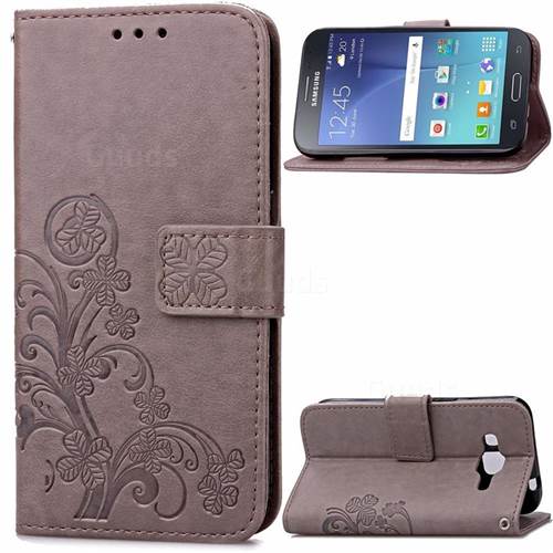 Embossing Imprint Four-Leaf Clover Leather Wallet Case for Samsung Galaxy J2 J200 - Gray