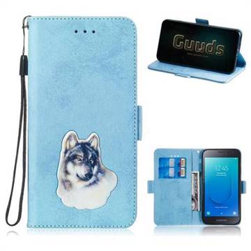 Retro Leather Phone Wallet Case with Aluminum Alloy Patch for Samsung Galaxy J2 Core - Light Blue