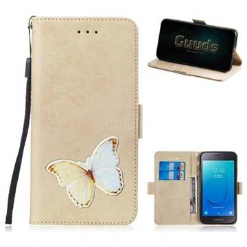 Retro Leather Phone Wallet Case with Aluminum Alloy Patch for Samsung Galaxy J2 Core - Golden