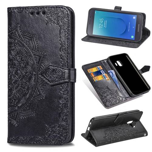 Embossing Imprint Mandala Flower Leather Wallet Case for Samsung Galaxy J2 Core - Black
