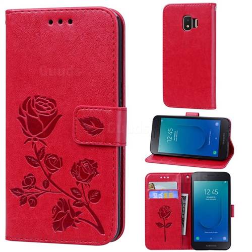 Embossing Rose Flower Leather Wallet Case for Samsung Galaxy J2 Core - Red