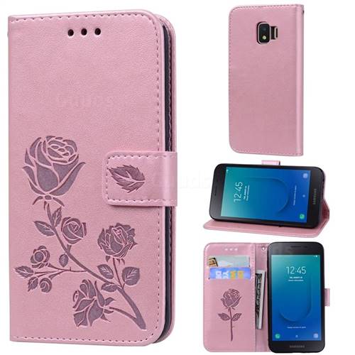 Embossing Rose Flower Leather Wallet Case for Samsung Galaxy J2 Core - Rose Gold