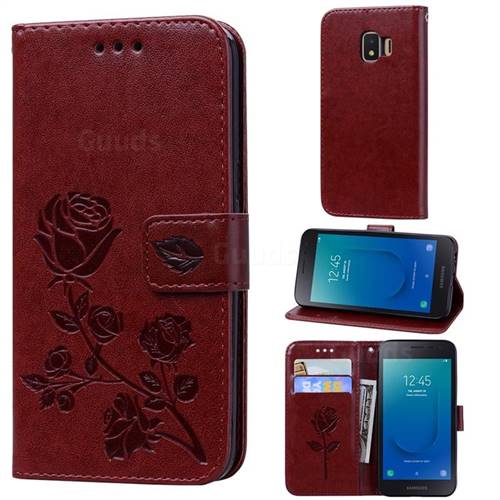 Embossing Rose Flower Leather Wallet Case for Samsung Galaxy J2 Core - Brown