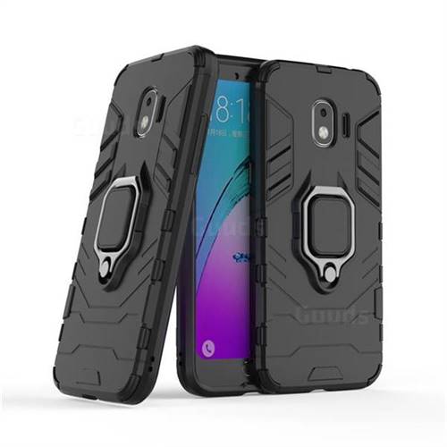 Black Panther Armor Metal Ring Grip Shockproof Dual Layer Rugged Hard Cover for Samsung Galaxy J2 Pro (2018) - Black