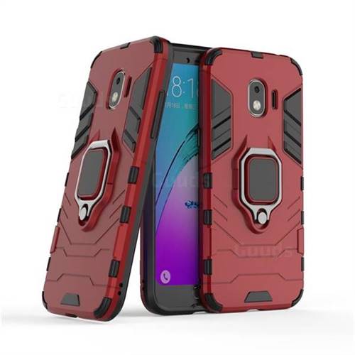 Black Panther Armor Metal Ring Grip Shockproof Dual Layer Rugged Hard Cover for Samsung Galaxy J2 Pro (2018) - Red