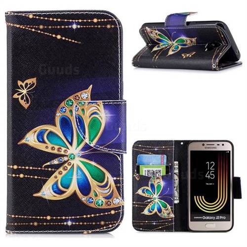 Golden Shining Butterfly Leather Wallet Case for Samsung Galaxy J2 Pro (2018)