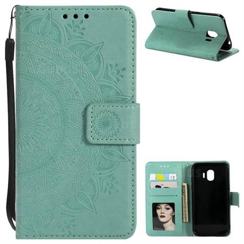 Intricate Embossing Datura Leather Wallet Case for Samsung Galaxy J2 Pro (2018) - Mint Green