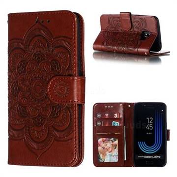 Intricate Embossing Datura Solar Leather Wallet Case for Samsung Galaxy J2 Pro (2018) - Brown