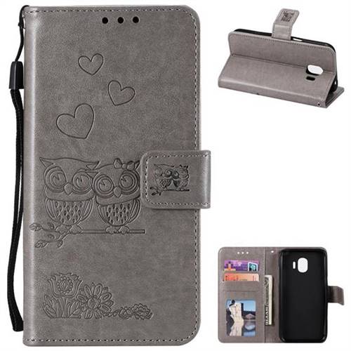 Embossing Owl Couple Flower Leather Wallet Case for Samsung Galaxy J2 Pro (2018) - Gray