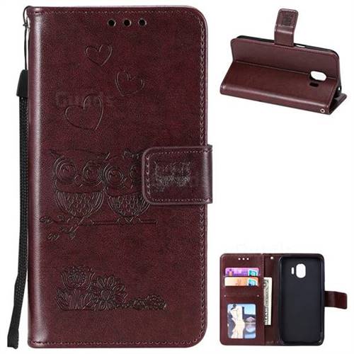 Embossing Owl Couple Flower Leather Wallet Case for Samsung Galaxy J2 Pro (2018) - Brown