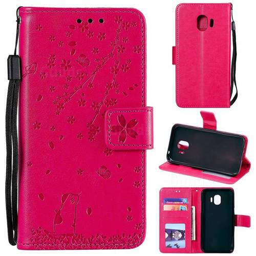 Embossing Cherry Blossom Cat Leather Wallet Case for Samsung Galaxy J2 Pro (2018) - Rose