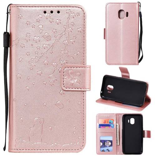 Embossing Cherry Blossom Cat Leather Wallet Case for Samsung Galaxy J2 Pro (2018) - Rose Gold