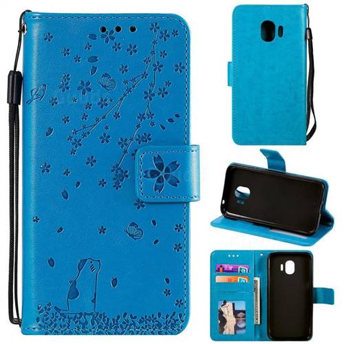 Embossing Cherry Blossom Cat Leather Wallet Case for Samsung Galaxy J2 Pro (2018) - Blue