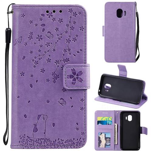 Embossing Cherry Blossom Cat Leather Wallet Case for Samsung Galaxy J2 Pro (2018) - Purple