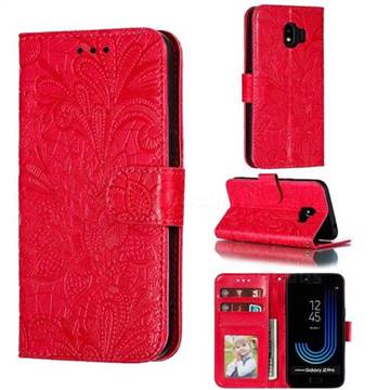 Intricate Embossing Lace Jasmine Flower Leather Wallet Case for Samsung Galaxy J2 Pro (2018) - Red