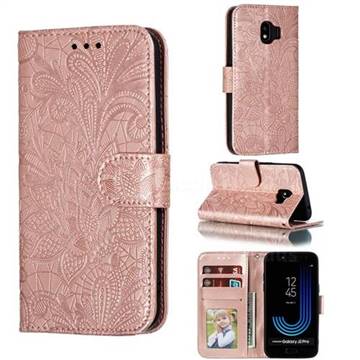 Intricate Embossing Lace Jasmine Flower Leather Wallet Case for Samsung Galaxy J2 Pro (2018) - Rose Gold