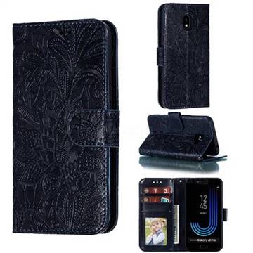 Intricate Embossing Lace Jasmine Flower Leather Wallet Case for Samsung Galaxy J2 Pro (2018) - Dark Blue