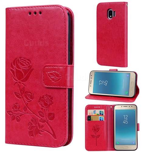 Embossing Rose Flower Leather Wallet Case for Samsung Galaxy J2 Pro (2018) - Red