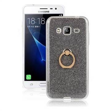 Luxury Soft TPU Glitter Back Ring Cover with 360 Rotate Finger Holder Buckle for Samsung Galaxy J3 2016 J320 - Black
