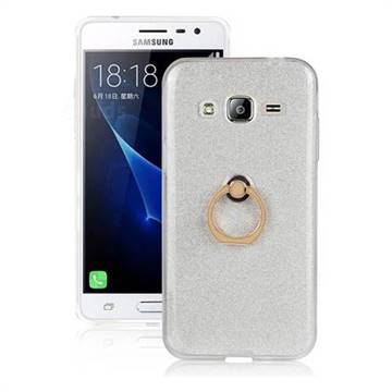 Luxury Soft TPU Glitter Back Ring Cover with 360 Rotate Finger Holder Buckle for Samsung Galaxy J3 2016 J320 - White