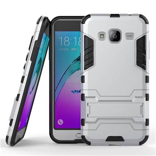 Armor Premium Tactical Grip Kickstand Shockproof Dual Layer Rugged Hard Cover for Samsung Galaxy J3 2016 J320 - Silver