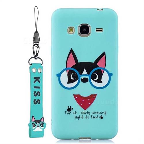 Green Glasses Dog Soft Kiss Candy Hand Strap Silicone Case for Samsung Galaxy J3 2016 J320