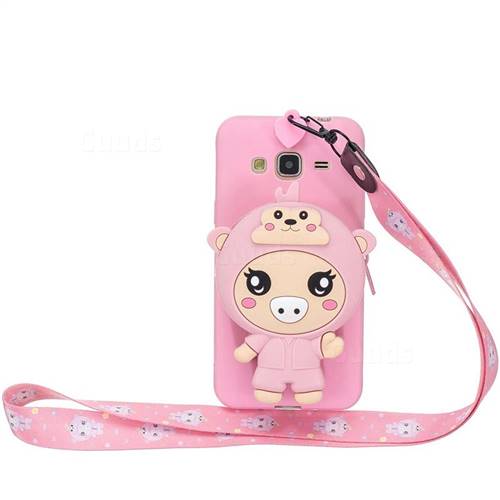 Pink Pig Neck Lanyard Zipper Wallet Silicone Case for Samsung Galaxy J3 2016 J320