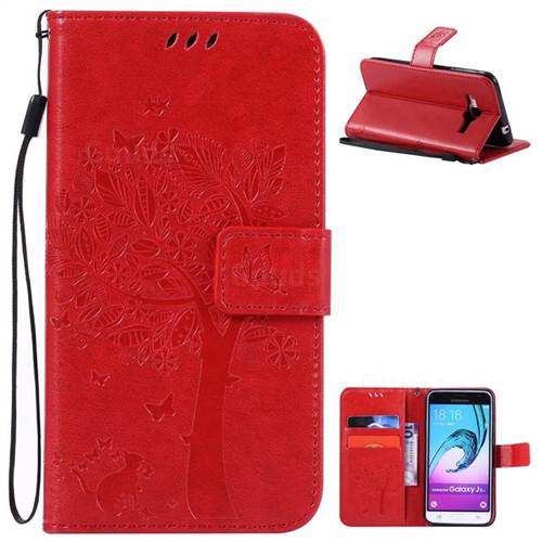Embossing Butterfly Tree Leather Wallet Case for Samsung Galaxy J3 - Red