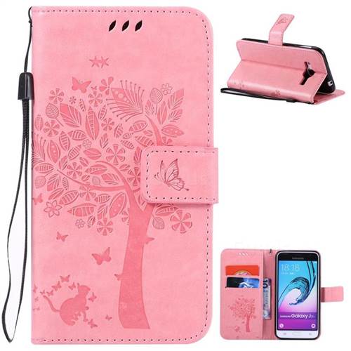 Embossing Butterfly Tree Leather Wallet Case for Samsung Galaxy J3 - Pink