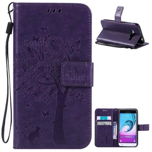 Embossing Butterfly Tree Leather Wallet Case for Samsung Galaxy J3 - Purple
