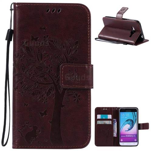 Embossing Butterfly Tree Leather Wallet Case for Samsung Galaxy J3 - Coffee