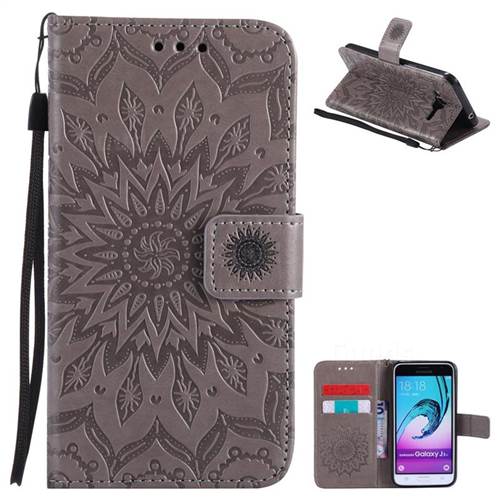 Embossing Sunflower Leather Wallet Case for Samsung Galaxy J3 2016 J320 - Gray