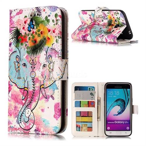 Flower Elephant 3D Relief Oil PU Leather Wallet Case for Samsung Galaxy J3 2016 J320