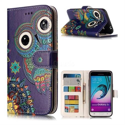 Folk Owl 3D Relief Oil PU Leather Wallet Case for Samsung Galaxy J3 2016 J320